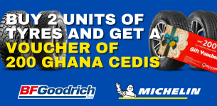 Buy 2 units of tyres and get a voucher of 200 Ghana Cedis. Conditions apply.