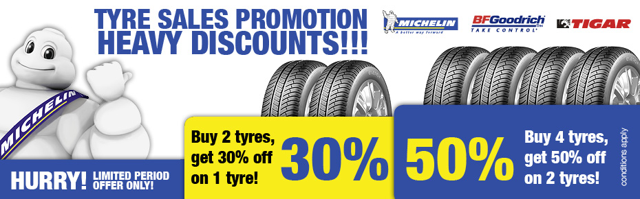 Tyre Sales Promotion - Heavy Discounts - Tyre Service Locations listed below.